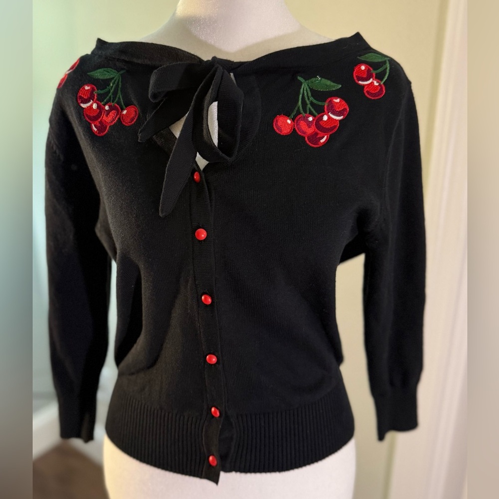 Collectif London Black Cherry Embroidered Tie Cardigan Sweater Retro Pinup Med